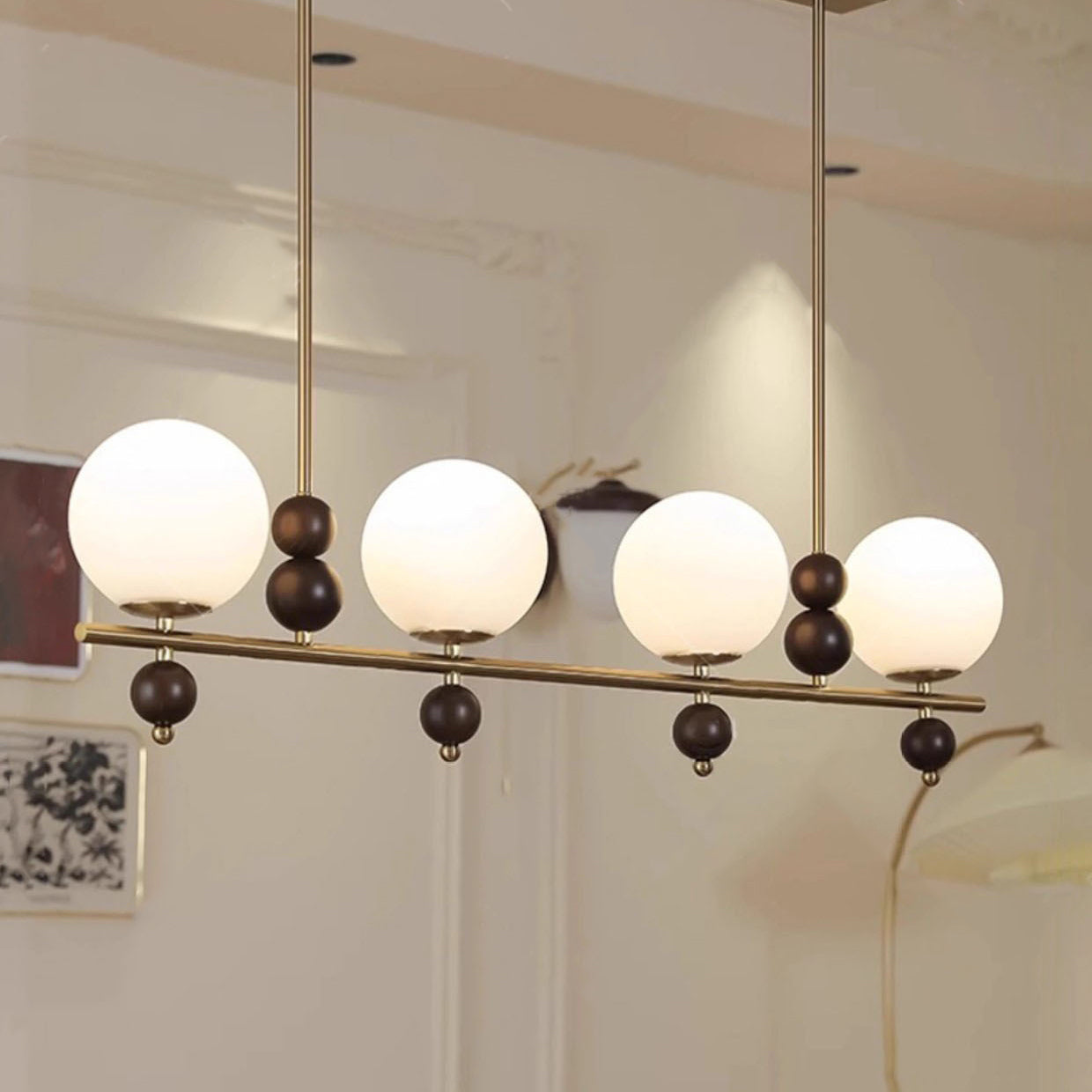Chinese Glass Wood Iron Linear Island Chandelier