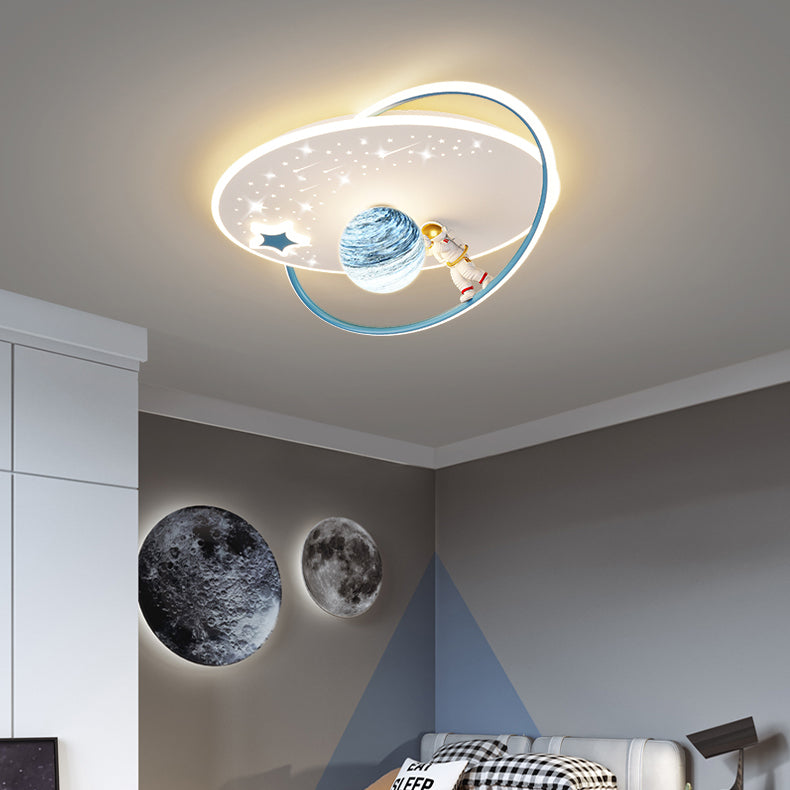 Kids Glass Acrylic Iron Astronaut Planet LED Flush Light