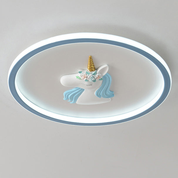 Kids Acrylic Iron Unicorn Round LED Flush Ceiling Light
