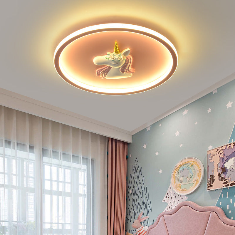 Kids Acrylic Iron Unicorn Round LED Flush Ceiling Light — Pink / Infinitely Dimmable / 220V-240V For UK/AU