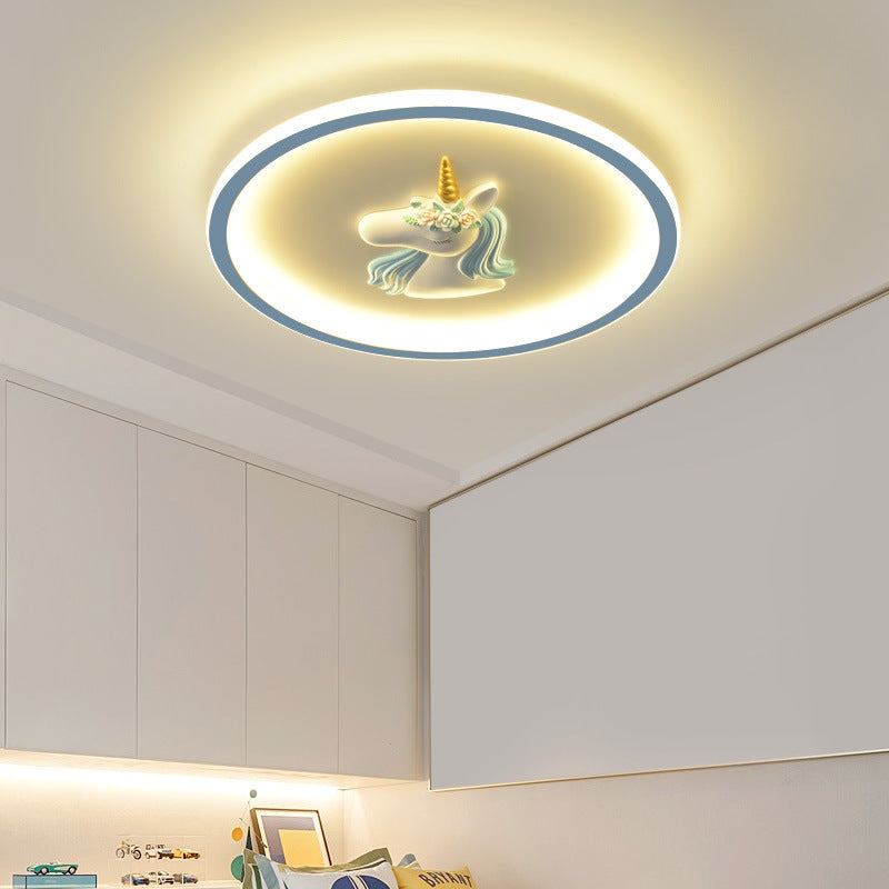 Kids Acrylic Iron Unicorn Round LED Flush Ceiling Light