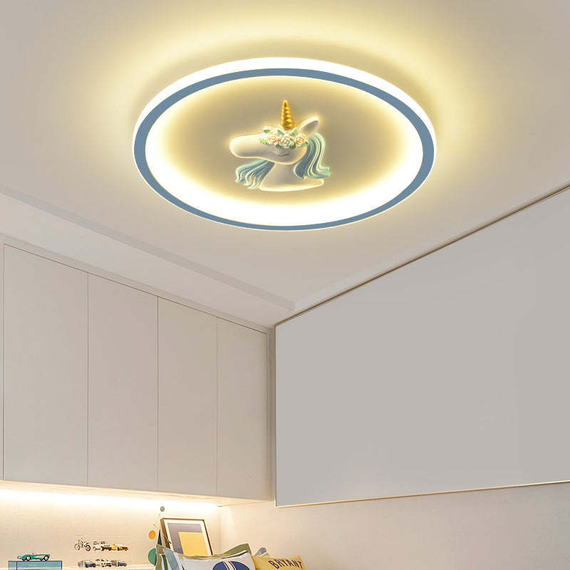 Kids Acrylic Iron Unicorn Round LED Flush Ceiling Light