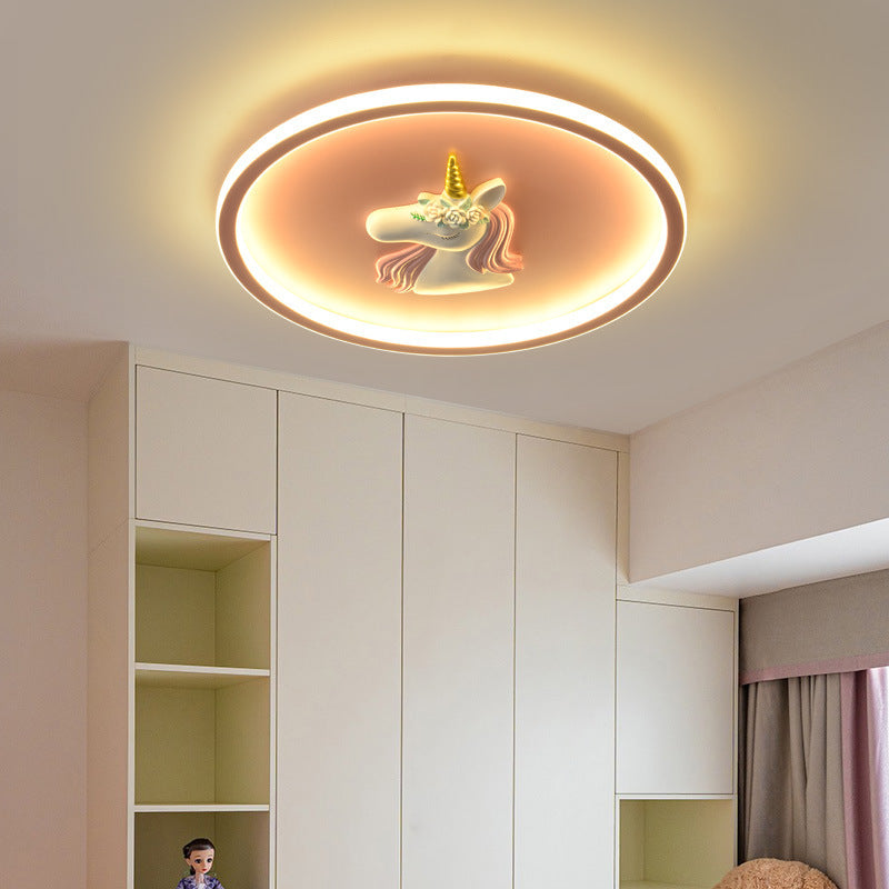 Kids Acrylic Iron Unicorn Round LED Flush Ceiling Light — Pink / Infinitely Dimmable / 110V-120V For US/C