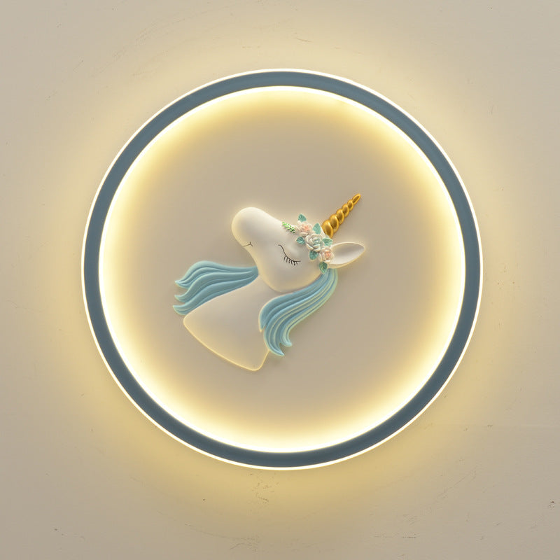 Kids Acrylic Iron Unicorn Round LED Flush Ceiling Light