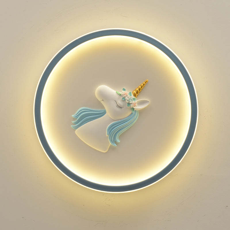 Kids Acrylic Iron Unicorn Round LED Flush Ceiling Light