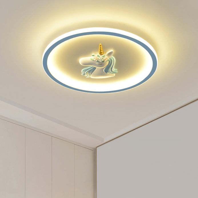 Kids Acrylic Iron Unicorn Round LED Flush Ceiling Light