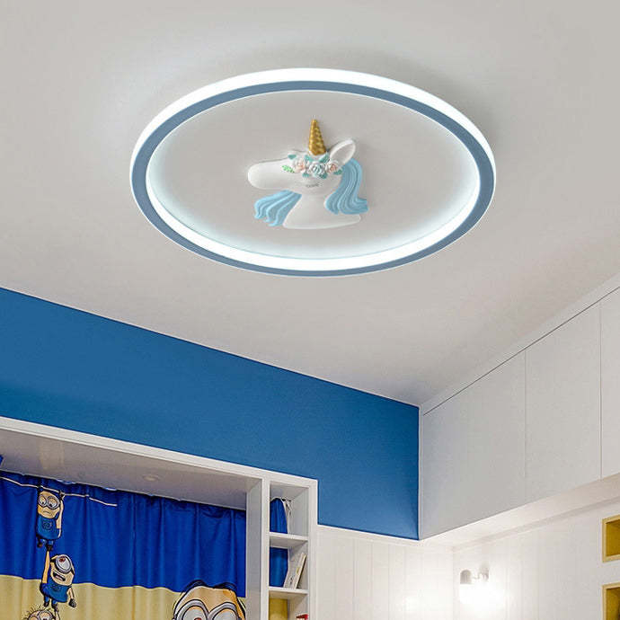 Kids Acrylic Iron Unicorn Round LED Flush Ceiling Light