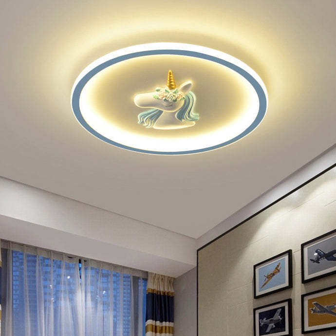 Kids Acrylic Iron Unicorn Round LED Flush Ceiling Light — Blue / Infinitely Dimmable / 110V-120V For US/C