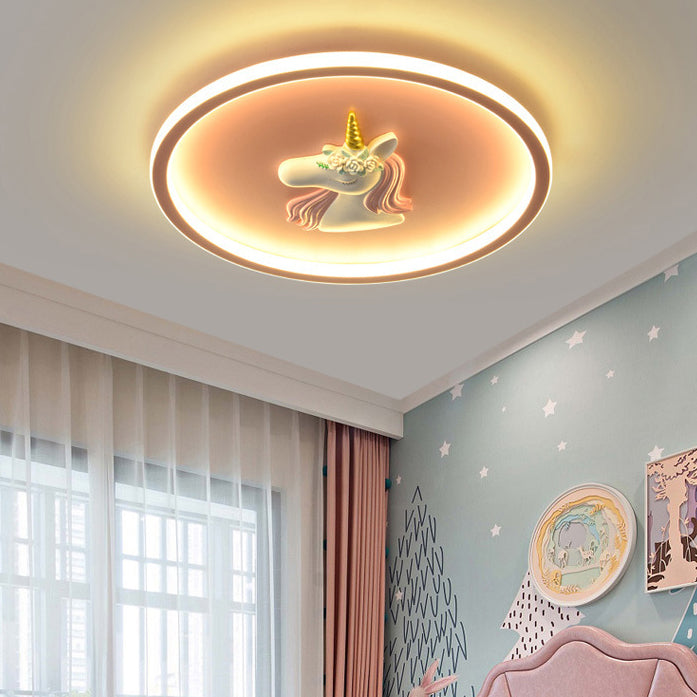 Kids Acrylic Iron Unicorn Round LED Flush Ceiling Light