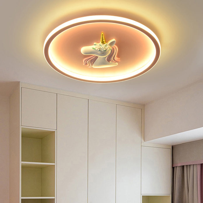 Kids Acrylic Iron Unicorn Round LED Flush Ceiling Light