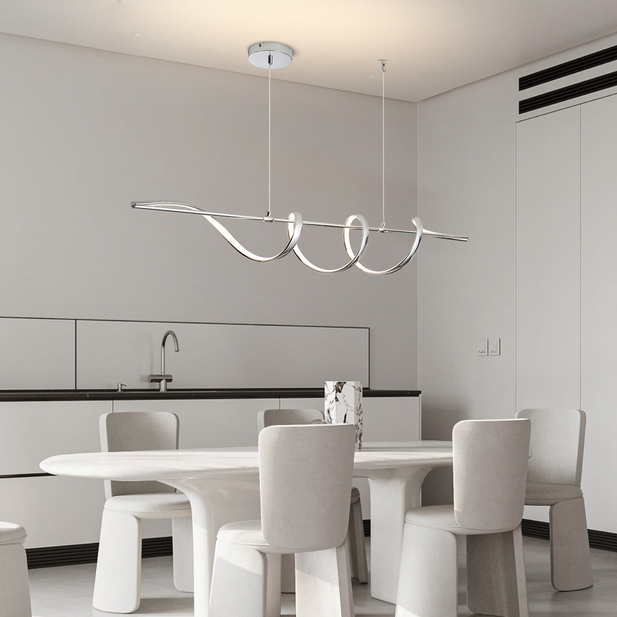 Contemporary Aluminum Curved Linear LED Island Chandelier — Silver / 110V-120V For US/CA / Infinitely Dimmable