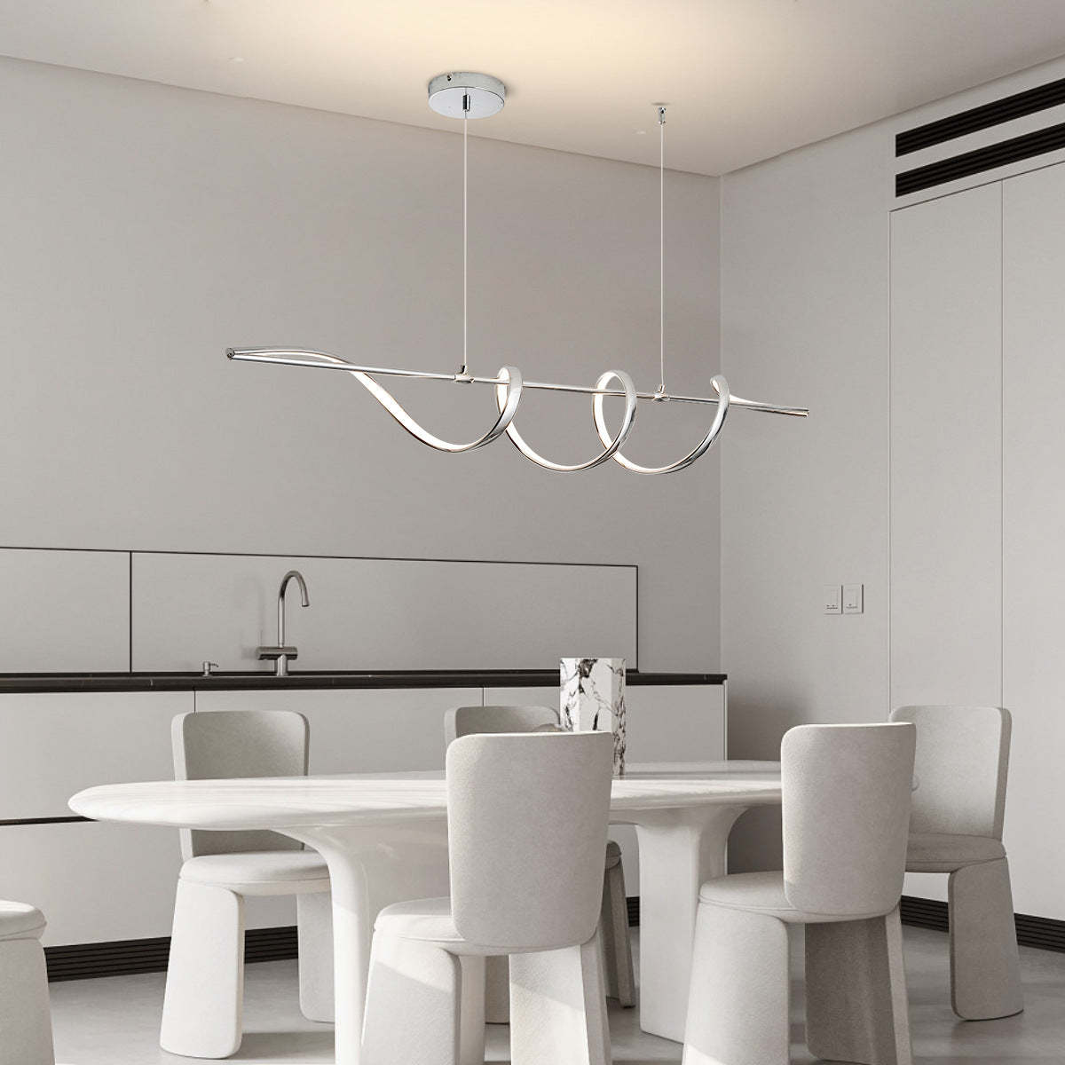 Contemporary Aluminum Curved Linear LED Island Chandelier — Silver / 110V-120V For US/CA / Infinitely Dimmable