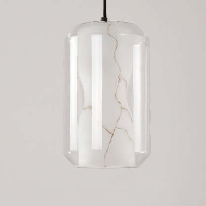 Scandinavian Glass Faux Alabaster Iron Cylinder Chandelier