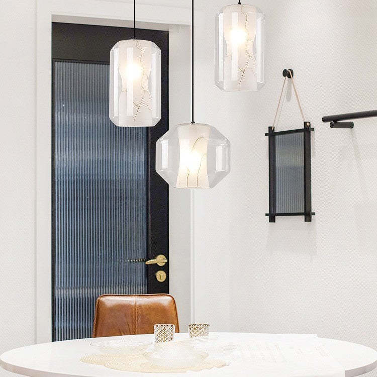 Scandinavian Glass Faux Alabaster Iron Cylinder Chandelier