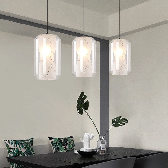 Scandinavian Glass Faux Alabaster Iron Cylinder Chandelier
