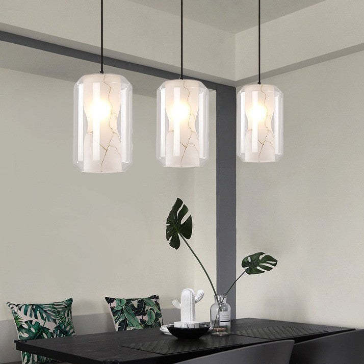 Scandinavian Glass Faux Alabaster Iron Cylinder Chandelier