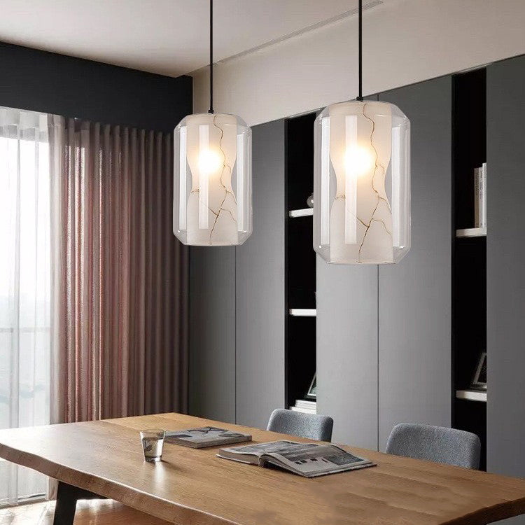 Scandinavian Glass Faux Alabaster Iron Cylinder Chandelier