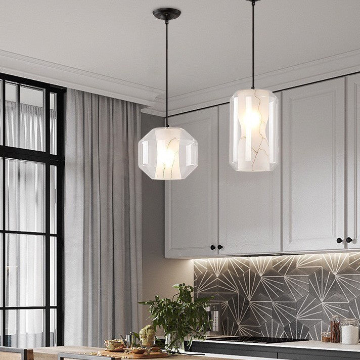 Scandinavian Glass Faux Alabaster Iron Cylinder Chandelier