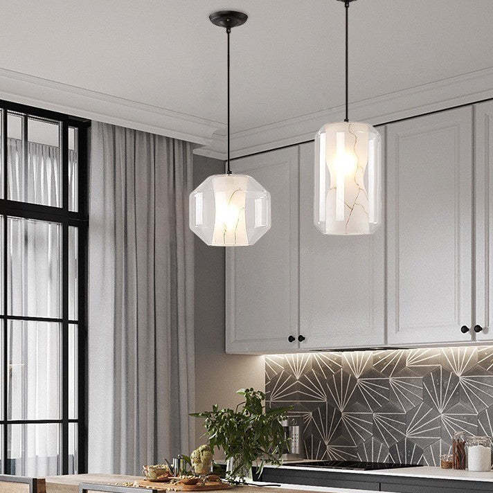 Scandinavian Glass Faux Alabaster Iron Cylinder Chandelier