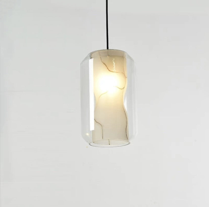 Scandinavian Glass Faux Alabaster Iron Cylinder Chandelier