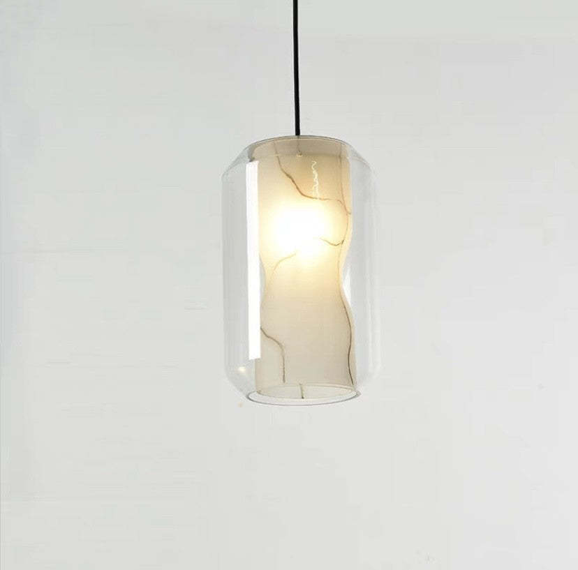 Scandinavian Glass Faux Alabaster Iron Cylinder Chandelier