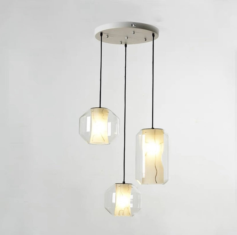 Scandinavian Glass Faux Alabaster Iron Cylinder Chandelier