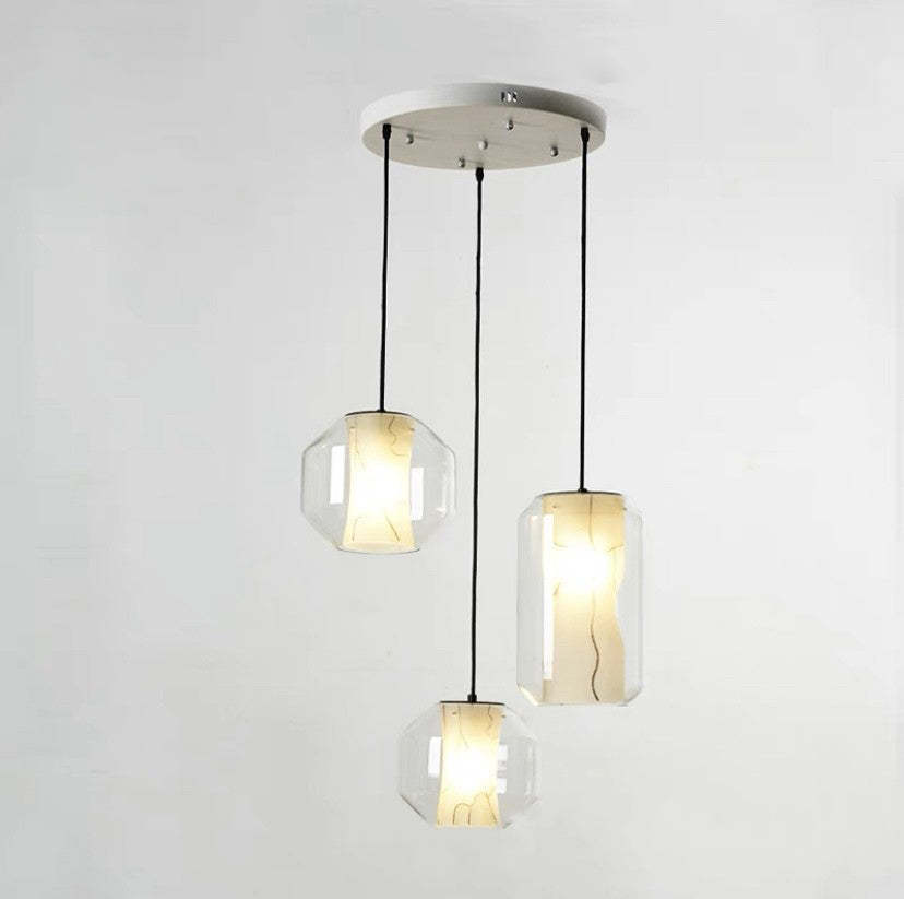Scandinavian Glass Faux Alabaster Iron Cylinder Chandelier