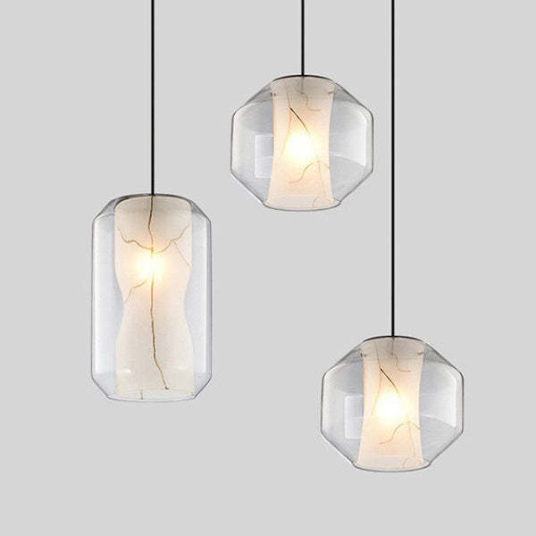 Scandinavian Glass Faux Alabaster Iron Cylinder Chandelier