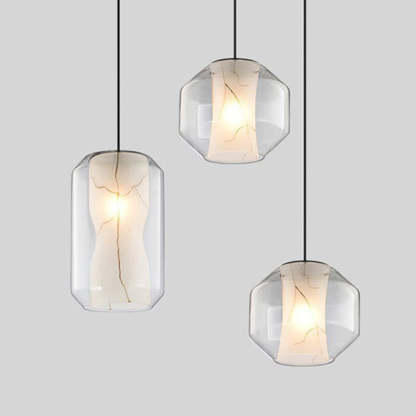 Scandinavian Glass Faux Alabaster Iron Cylinder Chandelier
