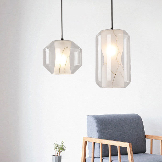 Scandinavian Glass Faux Alabaster Iron Cylinder Chandelier