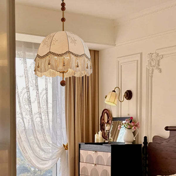 French Fabric Iron Oak Dome Pearl Tassel Chandelier