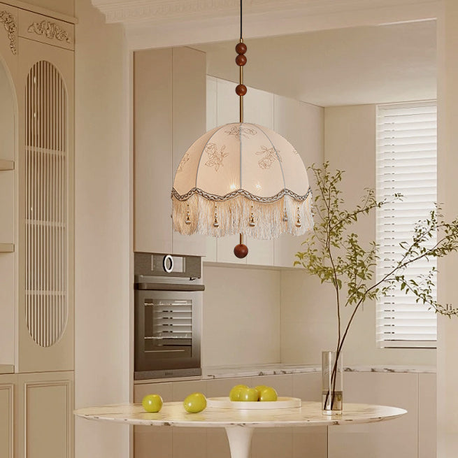 French Fabric Iron Oak Dome Pearl Tassel Chandelier