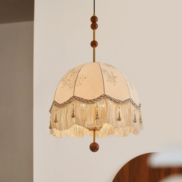 French Fabric Iron Oak Dome Pearl Tassel Chandelier — 220V-240V For UK/AU