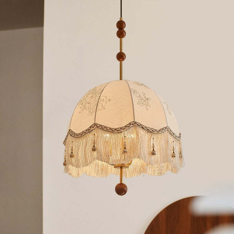 French Fabric Iron Oak Dome Pearl Tassel Chandelier