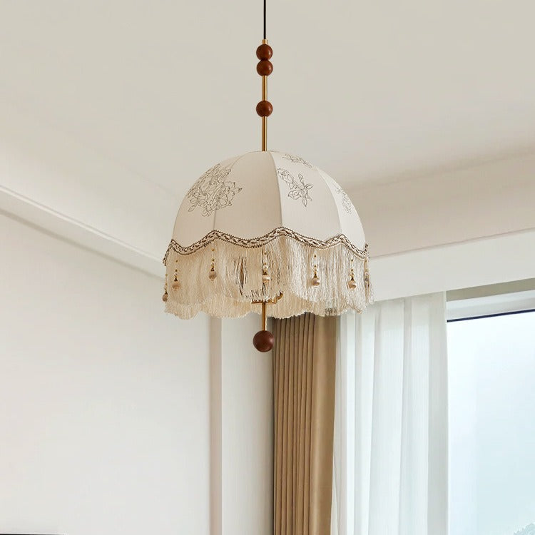 French Fabric Iron Oak Dome Pearl Tassel Chandelier