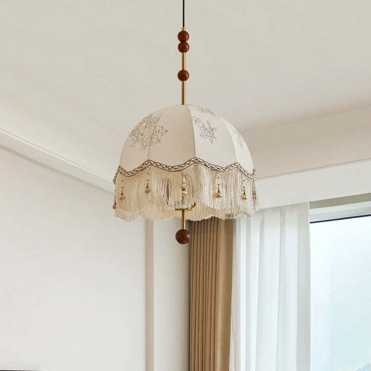 French Fabric Iron Oak Dome Pearl Tassel Chandelier