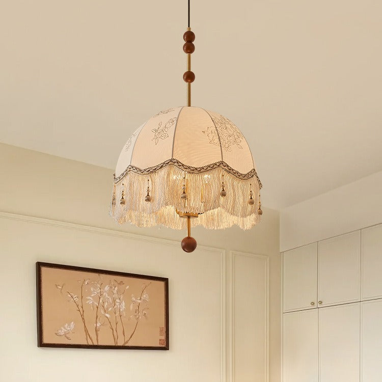 French Fabric Iron Oak Dome Pearl Tassel Chandelier
