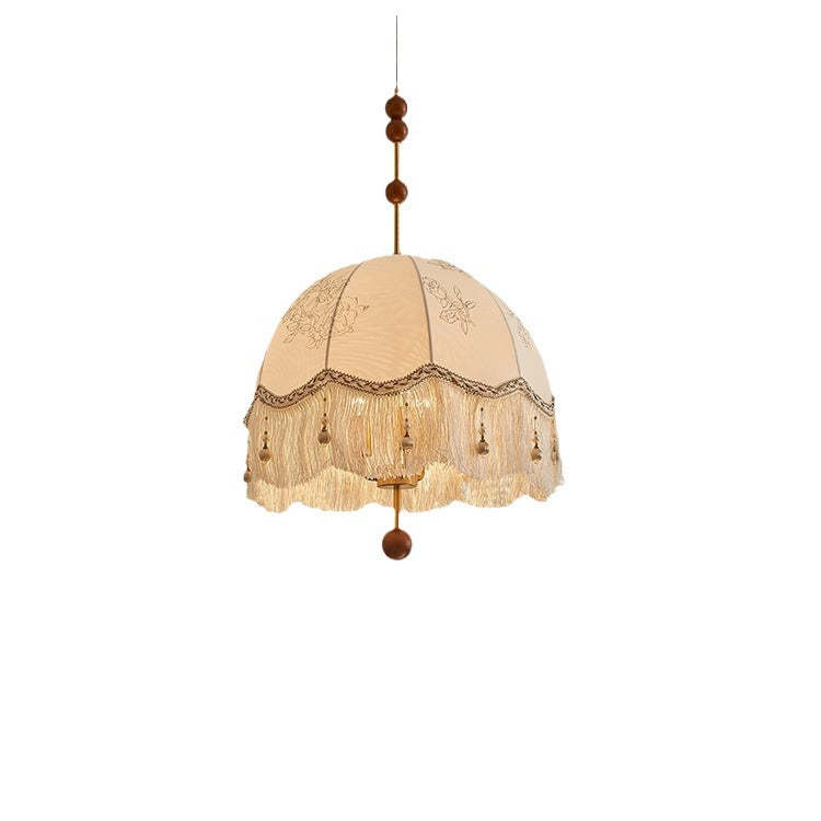 French Fabric Iron Oak Dome Pearl Tassel Chandelier