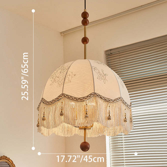French Fabric Iron Oak Dome Pearl Tassel Chandelier