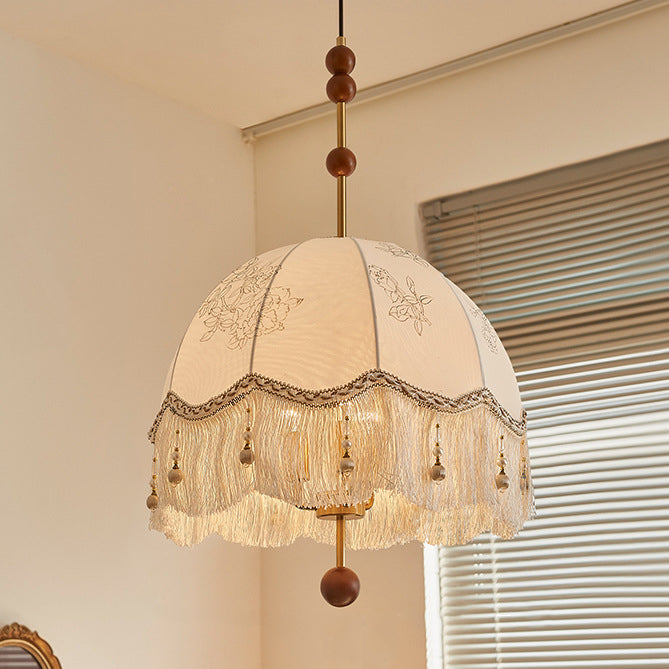 French Fabric Iron Oak Dome Pearl Tassel Chandelier