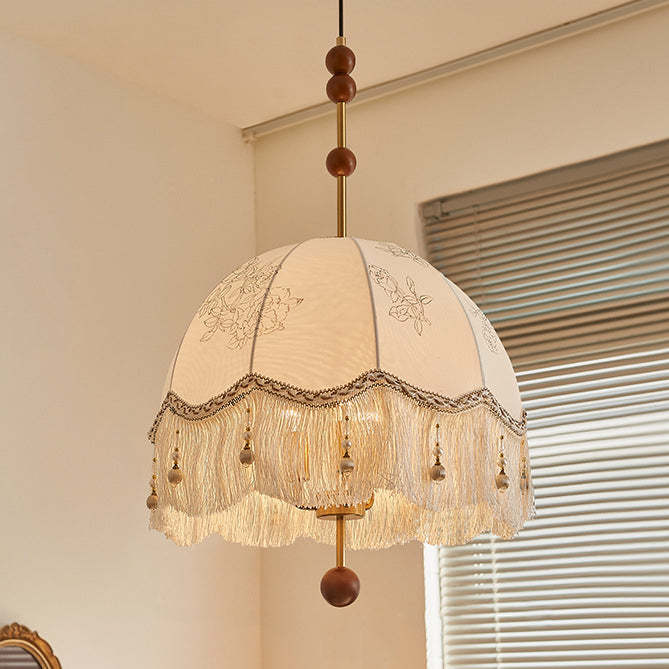 French Fabric Iron Oak Dome Pearl Tassel Chandelier