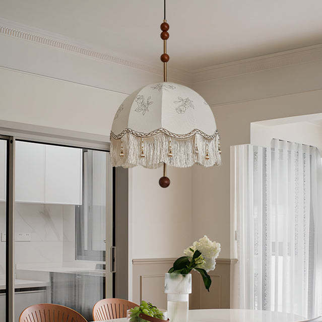 French Fabric Iron Oak Dome Pearl Tassel Chandelier