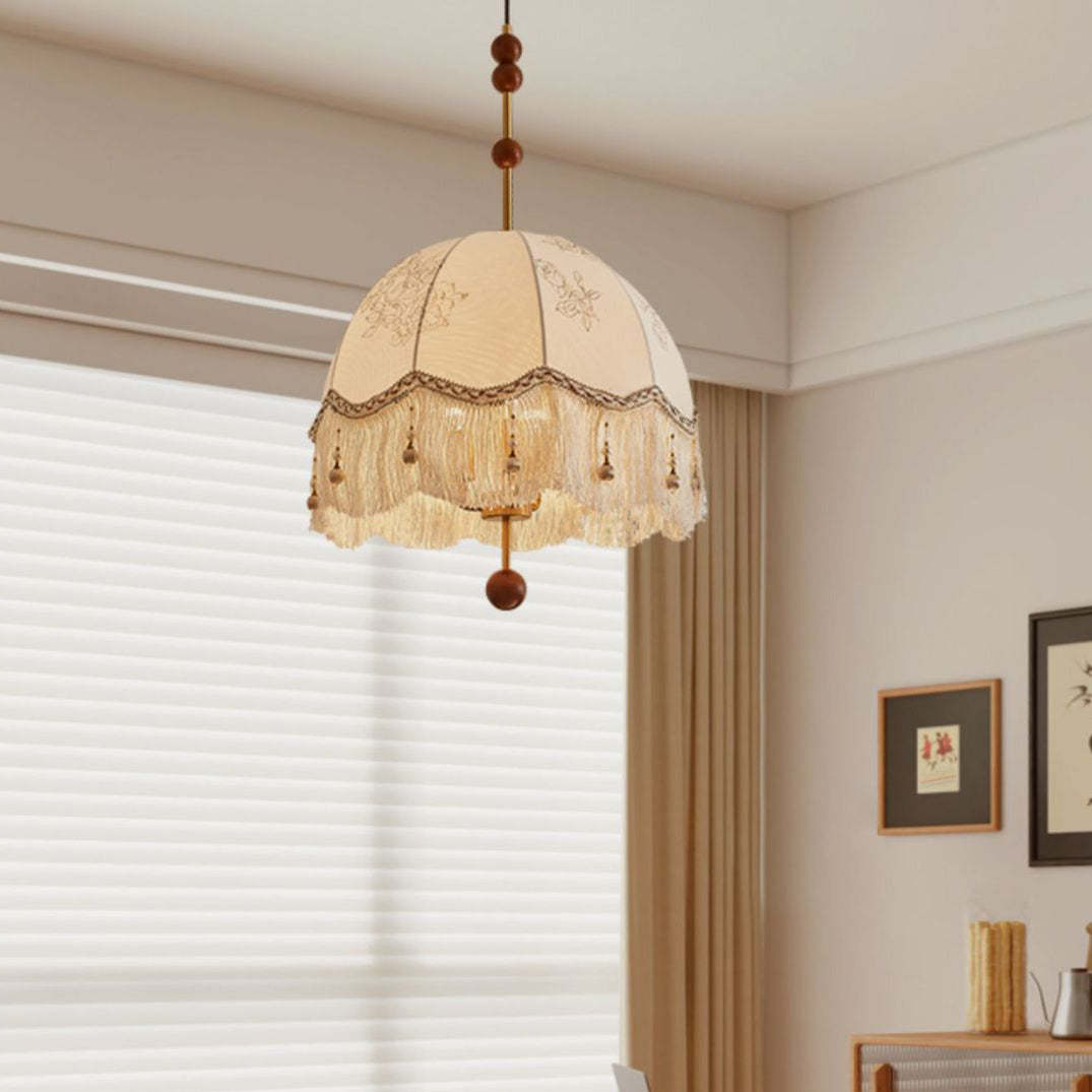 French Fabric Iron Oak Dome Pearl Tassel Chandelier