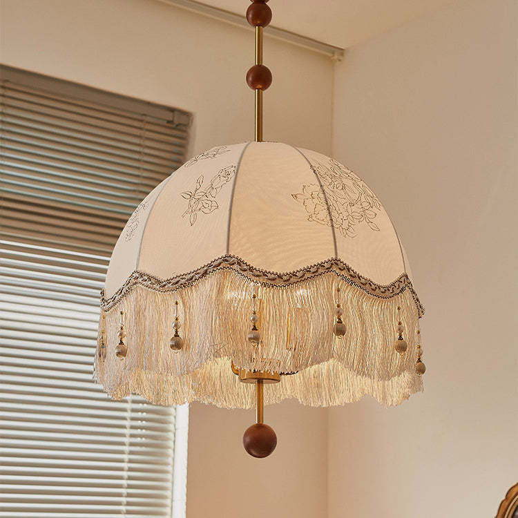 French Fabric Iron Oak Dome Pearl Tassel Chandelier — 110V-120V For US/CA