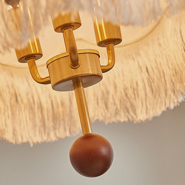 French Fabric Iron Oak Dome Pearl Tassel Chandelier