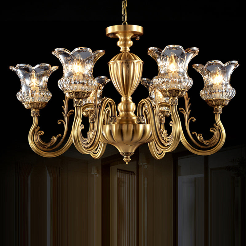 European Brass Glass Floral Chandelier