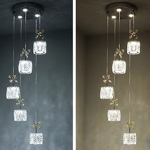 Modern Crystal Raindrop Cylinder Petal Chandelier — 5 + 2 - Linear Base / Infinitely Dimmable / Chrome - 110V-120V For US/CA