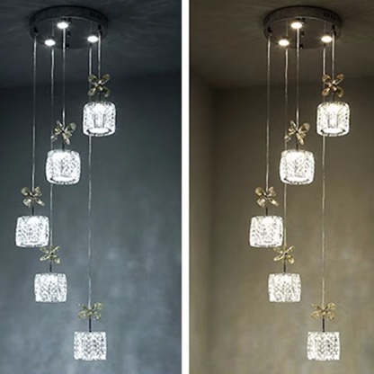 Modern Crystal Raindrop Cylinder Petal Chandelier — 5 + 2 - Linear Base / Infinitely Dimmable / Chrome - 110V-120V For US/CA
