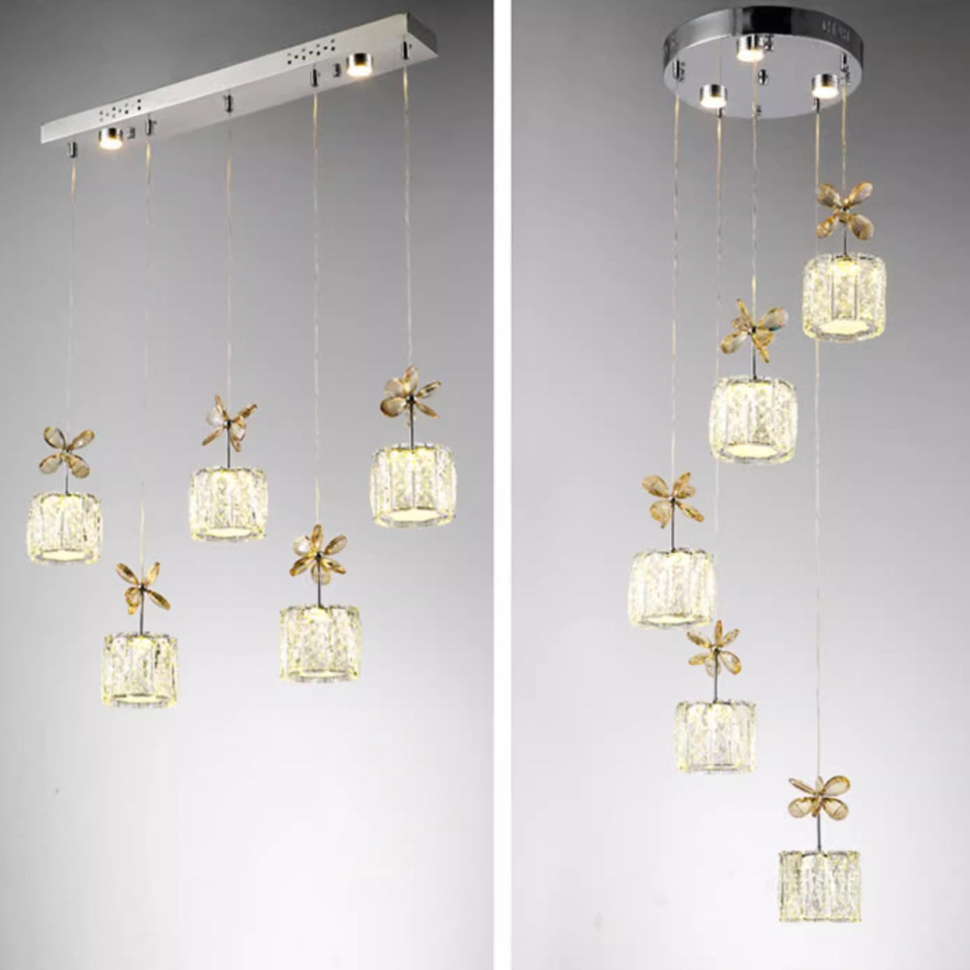 Modern Crystal Raindrop Cylinder Petal Chandelier — 5 + 2 - Linear Base / Infinitely Dimmable / Gold - 220V-240V For UK/AU