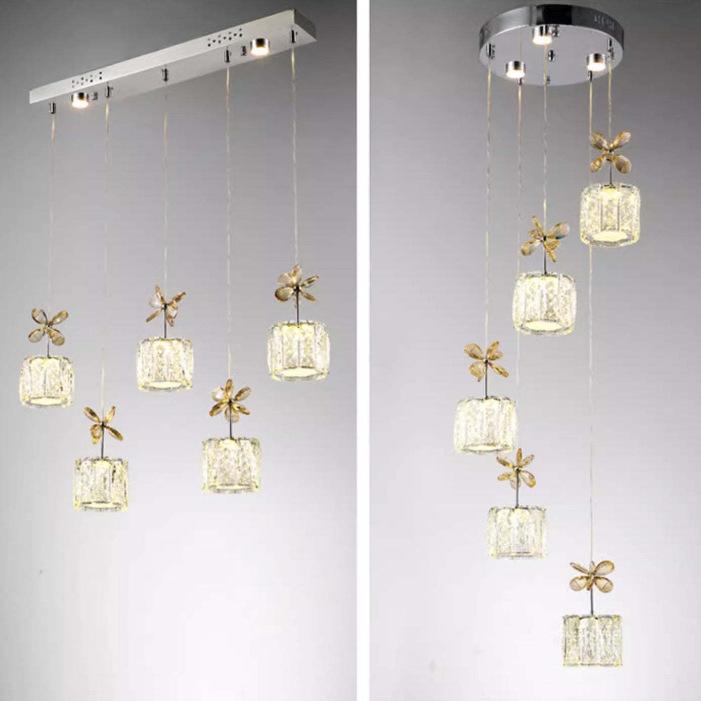 Modern Crystal Raindrop Cylinder Petal Chandelier — 5 + 2 - Linear Base / Infinitely Dimmable / Gold - 220V-240V For UK/AU
